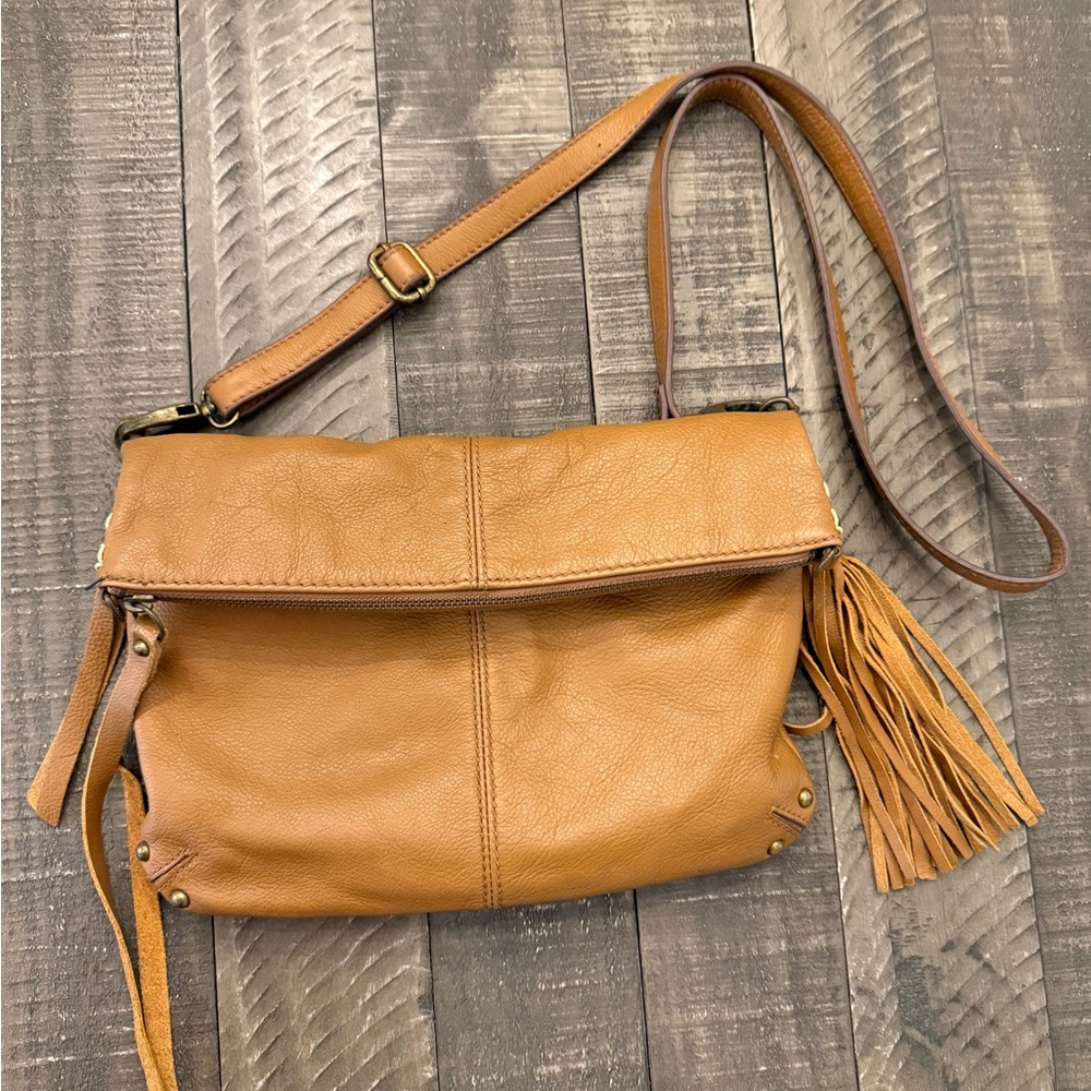 Lucky Brand Harper Foldover Tan Leather Crossbody Bag with Tassels